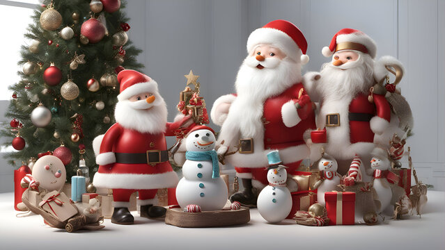3d render of Santa Claus and snowman in christmas room