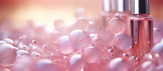 Cosmetic collagen bubbles rendered in on a defocused background representing moisturizing essentials and the concept of vitamin infused serum for personal care and beauty