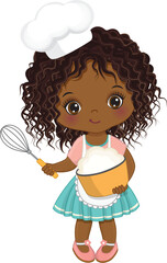Vector Cute Little Chef Baking. Vector African American Girl Playing