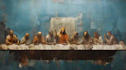 The Last Supper of Jesus Christ with the 12 apostles. icon Religious history, bible, faith, evangilia, followers and disciples of the son of god, christian love church , sacrament Holy Thursday  - obrazy, fototapety, plakaty