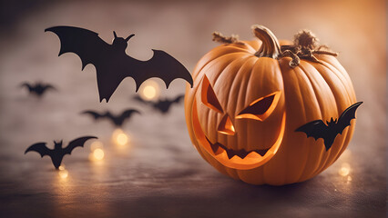 Halloween pumpkins with bats on wooden background. Halloween concept.