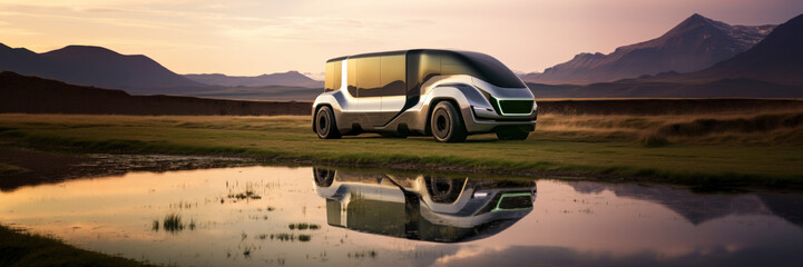 RV or electric recreational vehicle powered by electric alternative energy in a futuristic van design with tent camping in the nature wild mountains while saving the environment as wide banner design