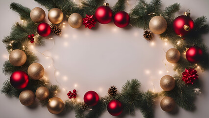Fototapeta na wymiar Christmas background with fir branches. red and golden baubles and garland lights