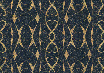 Hand-drawn unique abstract symmetrical seamless gold ornament with golden glittery splatter on a deep blue background. Paper texture. Digital artwork, A4. (pattern: p10-3b)