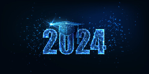 Futuristic graduation 2024 concept banner with glowing low polygonal graduation hat on dark blue 