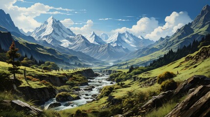 Captivating Alpine Escapade: Spectacular Mountain Landscapes, Majestic Peaks, and Serene Valleys, generative AI
