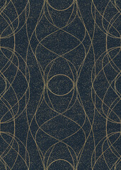 Hand-drawn unique abstract symmetrical seamless gold ornament with golden glittery splatter on a deep blue background. Paper texture. Digital artwork, A4. (pattern: p10-1d)