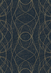 Hand-drawn unique abstract symmetrical seamless gold ornament with golden glittery splatter on a deep blue background. Paper texture. Digital artwork, A4. (pattern: p10-1d)