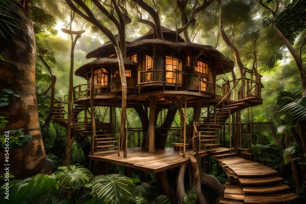 Poster a beautiful but rustic treehouse nestled amidst the lush foliage of a dense jungle - ai generative