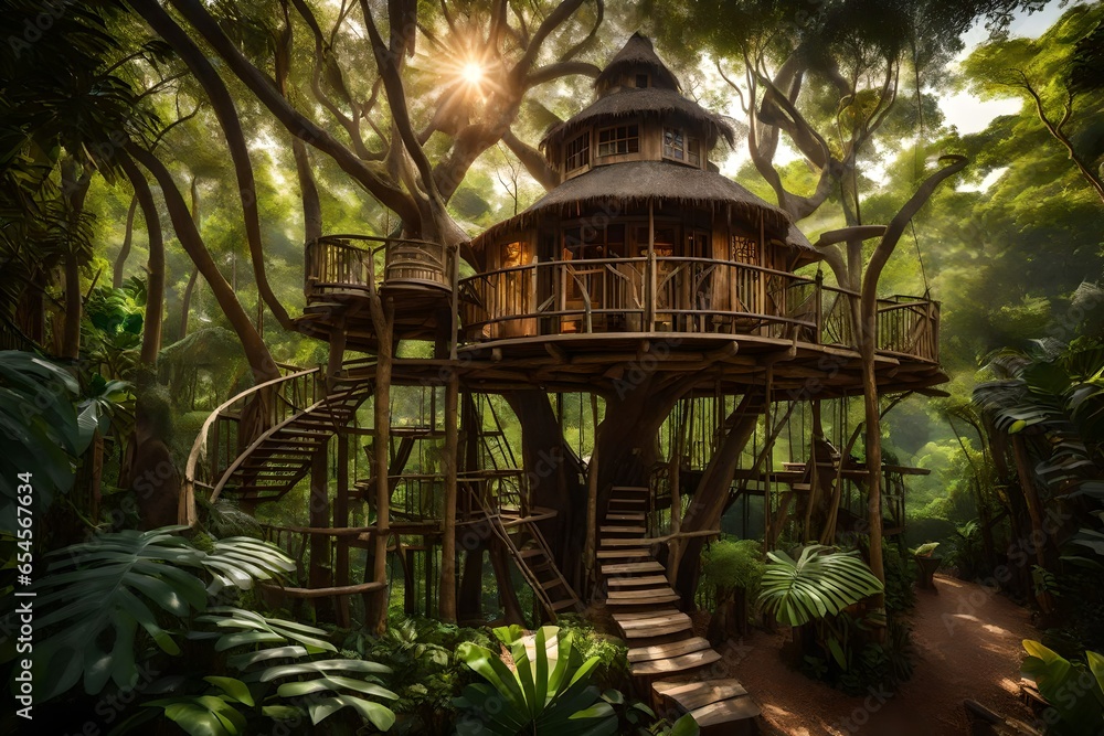 Poster a beautiful but rustic treehouse nestled amidst the lush foliage of a dense jungle - ai generative