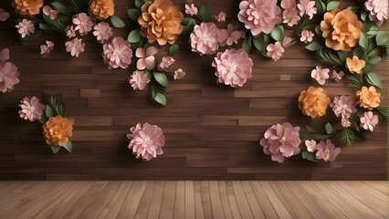 3D rendering of a wooden wall decorated with flowers and leaves.
