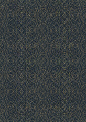 Hand-drawn unique abstract symmetrical seamless gold ornament with golden glittery splatter on a deep blue background. Paper texture. Digital artwork, A4. (pattern: p10-2f)