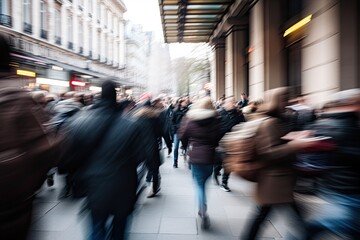 Motion blurred crowd walking in the city, AI Generated