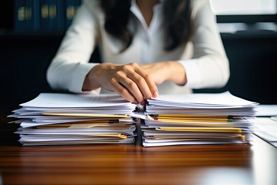 A woman's hands are busy sifting through stacks of paper files on her office desk, searching for information - AI Generated