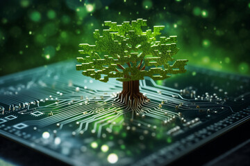 Tree growing on the converging point of computer circuit board. Green computing, Green technology, Green IT, CSR, and IT ethics. Concept of green technology. Environment green technology. High quality
