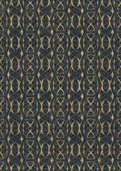 Hand-drawn unique abstract symmetrical seamless gold ornament with golden glittery splatter on a deep blue background. Paper texture. Digital artwork, A4. (pattern: p10-4f)