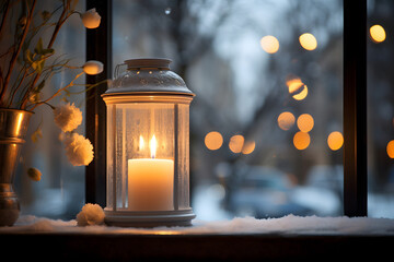 Atmospheric Christmas window sill decoration with white candle burning - Powered by Adobe