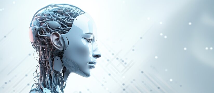Humanoid head connected to cloud brain linked to processing unit in artificial intelligence concept