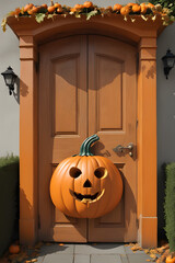 orange door with spooky pumpkin decoration