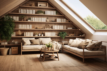 room with a bed in a loft with shelves on the wall.