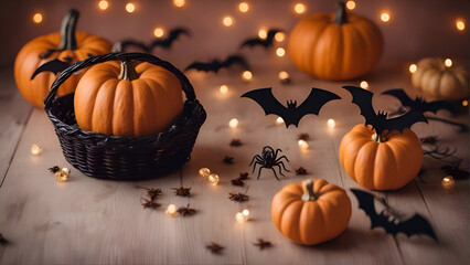 Halloween pumpkins. bats. spiders and garland on wooden background