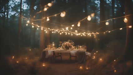 Wedding table in the forest at night with lights and garlands