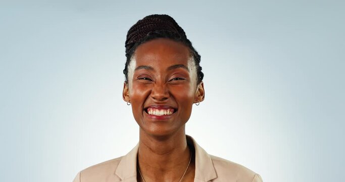 African, woman and face of happy entrepreneur in studio, blue background or mockup of success and winning. Business, portrait and smile for entrepreneurship, opportunity or laughing with happiness