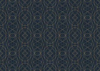 Hand-drawn unique abstract symmetrical seamless gold ornament on a deep blue background. Paper texture. Digital artwork, A4. (pattern: p10-2c)