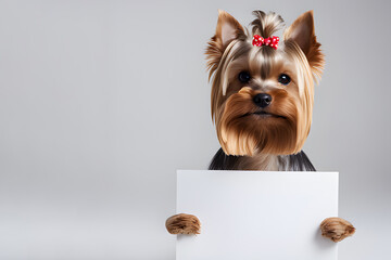 Yorkshire terrier dog holds a large poster in its paws on grey background with copyspace