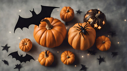 Halloween pumpkins with bats and spiders on a gray background.