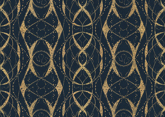 Hand-drawn unique abstract symmetrical seamless gold ornament on a deep blue background. Paper texture. Digital artwork, A4. (pattern: p10-4b)