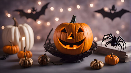 Halloween pumpkins with bats and spiders on a bokeh background