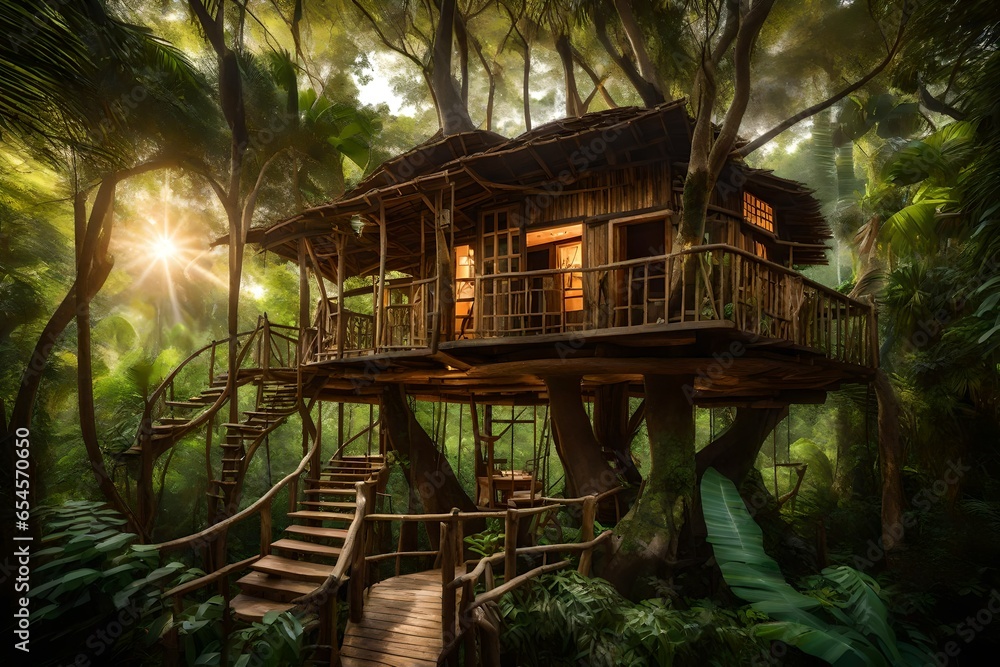 Poster a beautiful but rustic treehouse nestled amidst the lush foliage of a dense jungle - ai generative