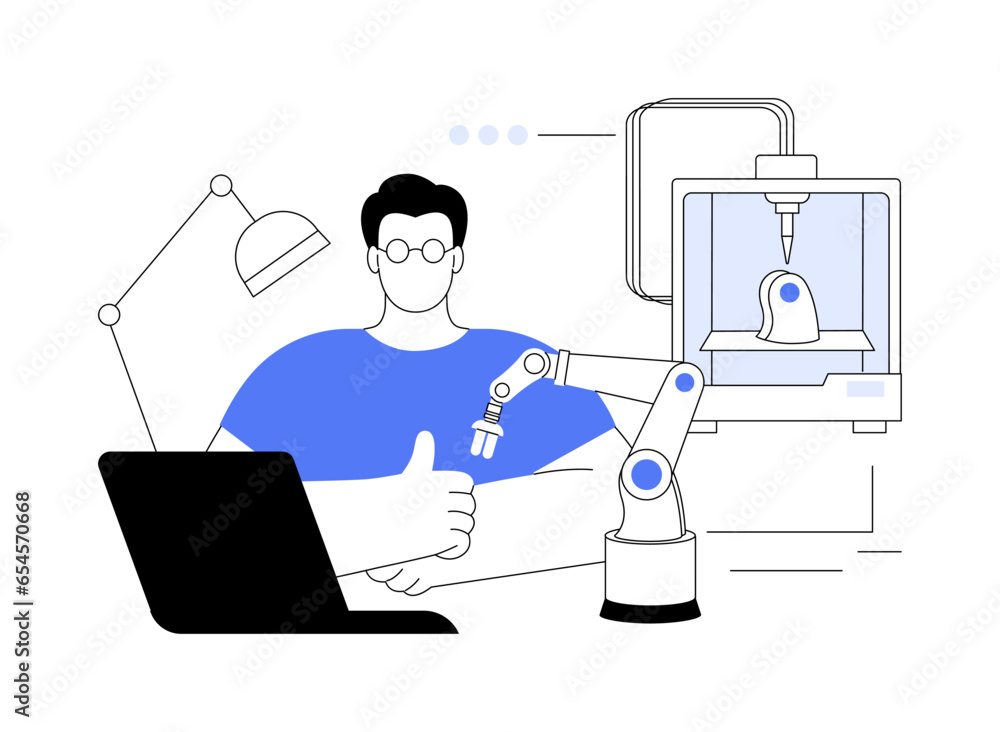 Poster 3d printers in robotics abstract concept vector illustration.