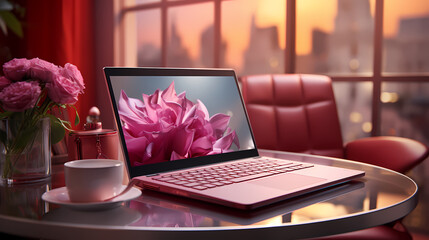 Pink laptop , with pink background 