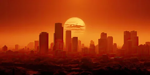 Zelfklevend Fotobehang Conceptual image of a city hit by extreme heatwave - Generative AI © mbruxelle