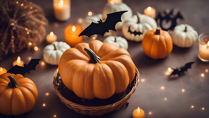 Halloween decoration with pumpkins. bats and candles on dark background
