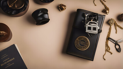 top view of black leather wallet with gold coin. belt. key. keychain and notebook on beige background - Powered by Adobe