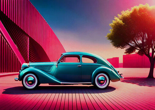 Ai generated, 3d illustration, car on pink background.
