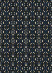 Hand-drawn unique abstract symmetrical seamless gold ornament on a deep blue background. Paper texture. Digital artwork, A4. (pattern: p10-3f)