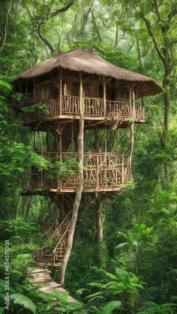Poster a beautiful but rustic treehouse nestled amidst the lush foliage of a dense jungle - ai generative