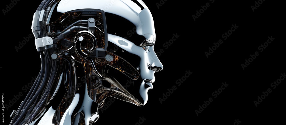 Poster marble headed humanoid robot with transparent display attached to black body in abstract futuristic 