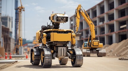 ビルの建築現場で活躍するロボット、建築資材を自動で運搬するロボット｜Robots are active at building construction sites. A robot that automatically transports construction materials. Generative AI - obrazy, fototapety, plakaty