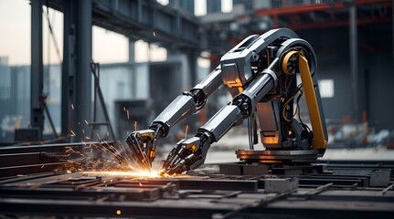 ビルの建築現場で活躍するロボット、溶接するロボットアーム｜Robots are active at building construction sites. Robot arm for welding. Generative AI - obrazy, fototapety, plakaty