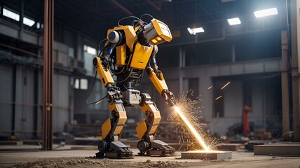 ビルの建築現場で活躍するロボット、溶接するロボットアーム｜Robots are active at building construction sites. Robot arm for welding. Generative AI