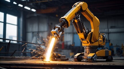 ビルの建築現場で活躍するロボット、溶接するロボットアーム｜Robots are active at building construction sites. Robot arm for welding. Generative AI - obrazy, fototapety, plakaty