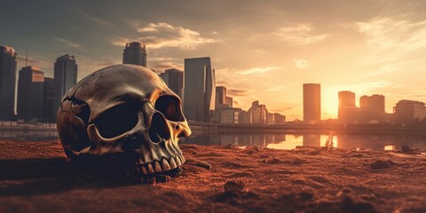 Human skull in front of a city after global warming apocalypse - Ai Generated - obrazy, fototapety, plakaty