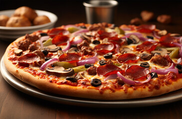 Supreme pizza made of tomato sauce, mozzarella cheese, pepperoni, sausage, bell peppers, onions, mushrooms, and black olives