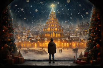 Boy looking at city square during Christmas night - obrazy, fototapety, plakaty