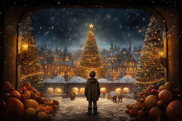 Boy looking at city square during Christmas night